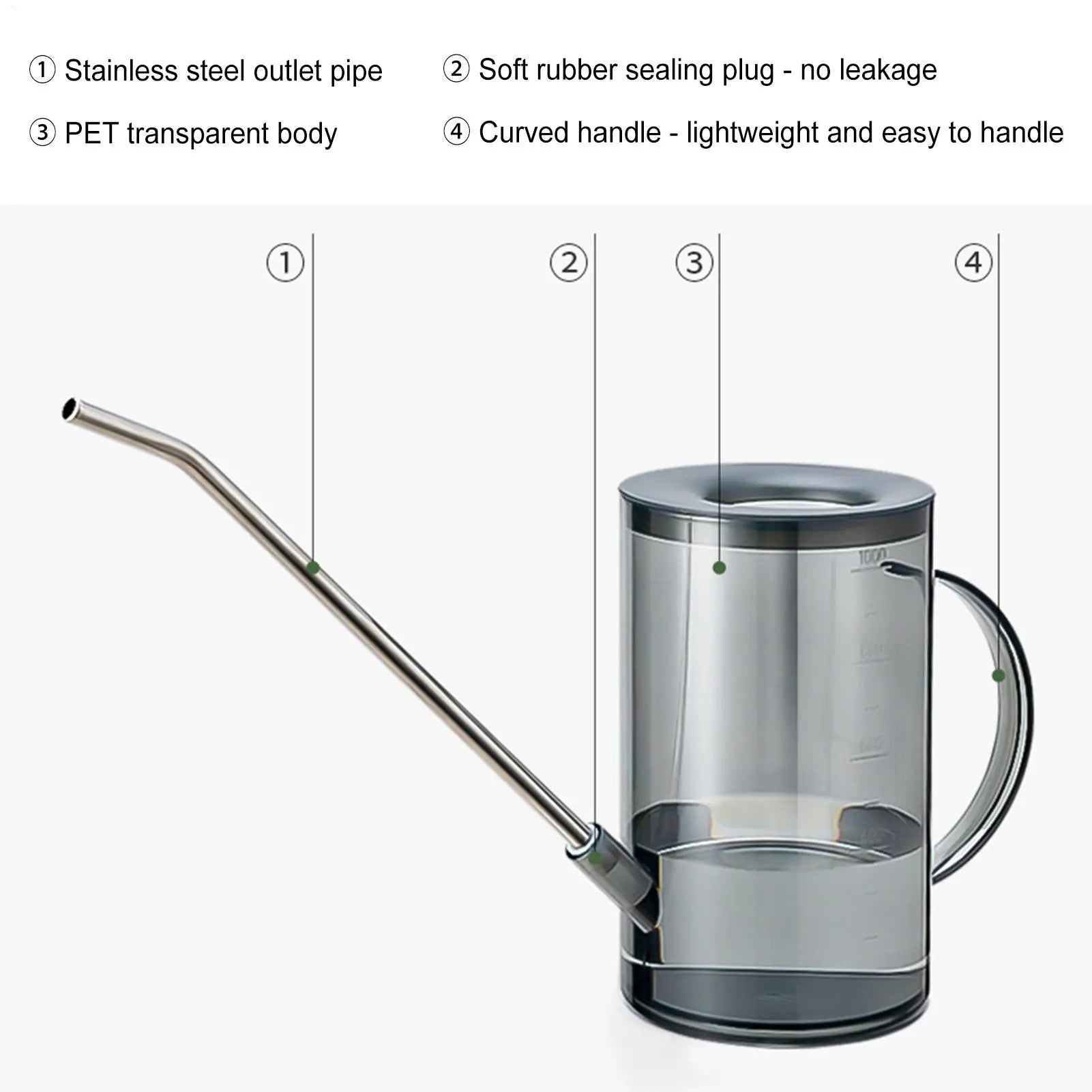 Watering Can Indoor 1L Clear Plastic Long Spout Potted Plant Water Pitcher Spray Bottle Balcony Garden Flower Succulents Tool